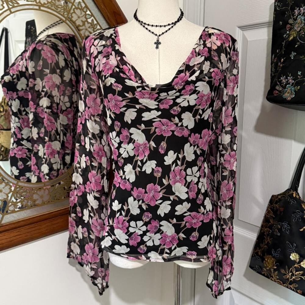 VTG Y2K Giorgio Fiorlini Black & Pink Floral Bead Silk Cowl Neck Bell Sleeve Top